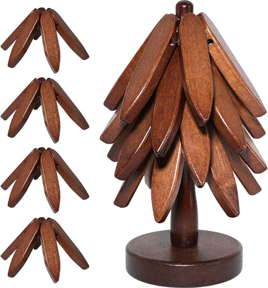 Wooden Tree Coasters Set, Black Walnut Tree Trivet for Hot Dishes, Foldable Stackable Trivets with Stand, Heat Resistant Decorative Coasters for Coffee Table, Kitchen, (Walnut)