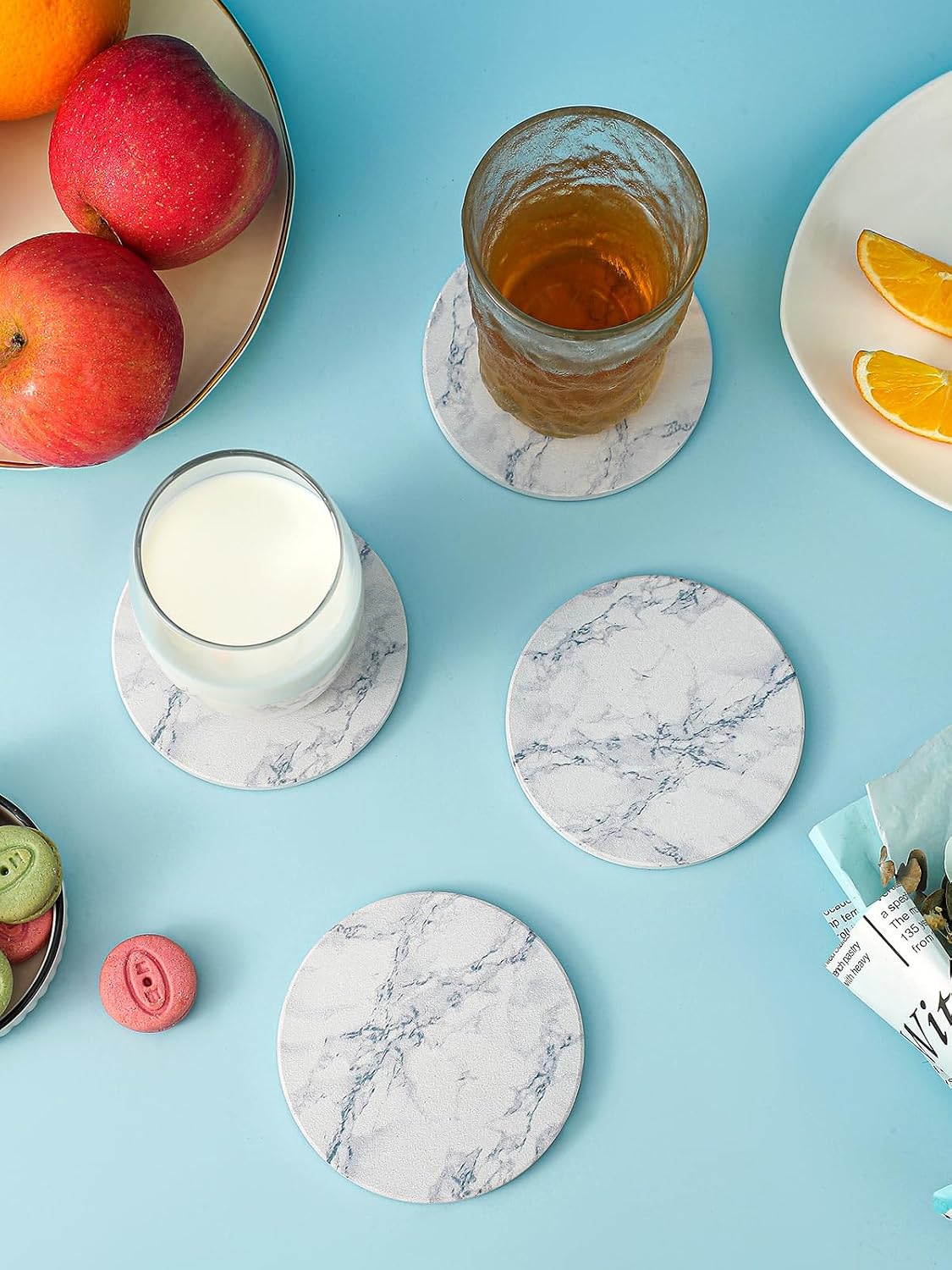 LIFVER Absorbent Coaster Sets of 4, Drink Coasters with Holder, White Marble Style Ceramic Drink Coaster for Tabletop Protection, Suitable for Kinds of Cups and Wooden Table, Cool Home Decor, 4 Inches