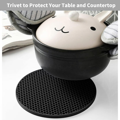 4 Pack Silicone Trivets for Hot Pots and Pans, Black Hot Pads Pot Holders, Non-Slip & Heat Resistant Silicone Mats for Kitchen Counter, Soft Durable Drying Mat, Jar Opener and Coasters, Black