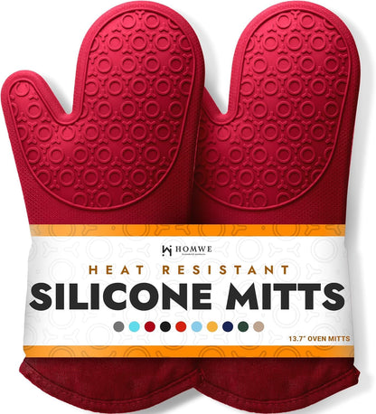 BPA-Free Soft Silicone 4 Piece Oven Mitts & Trivets Set - Ultra Heat Resistant Oven Mitts with Thick Cotton Liner - Long Slip Resistant Pot Holders, Flexible Oven Gloves - Black