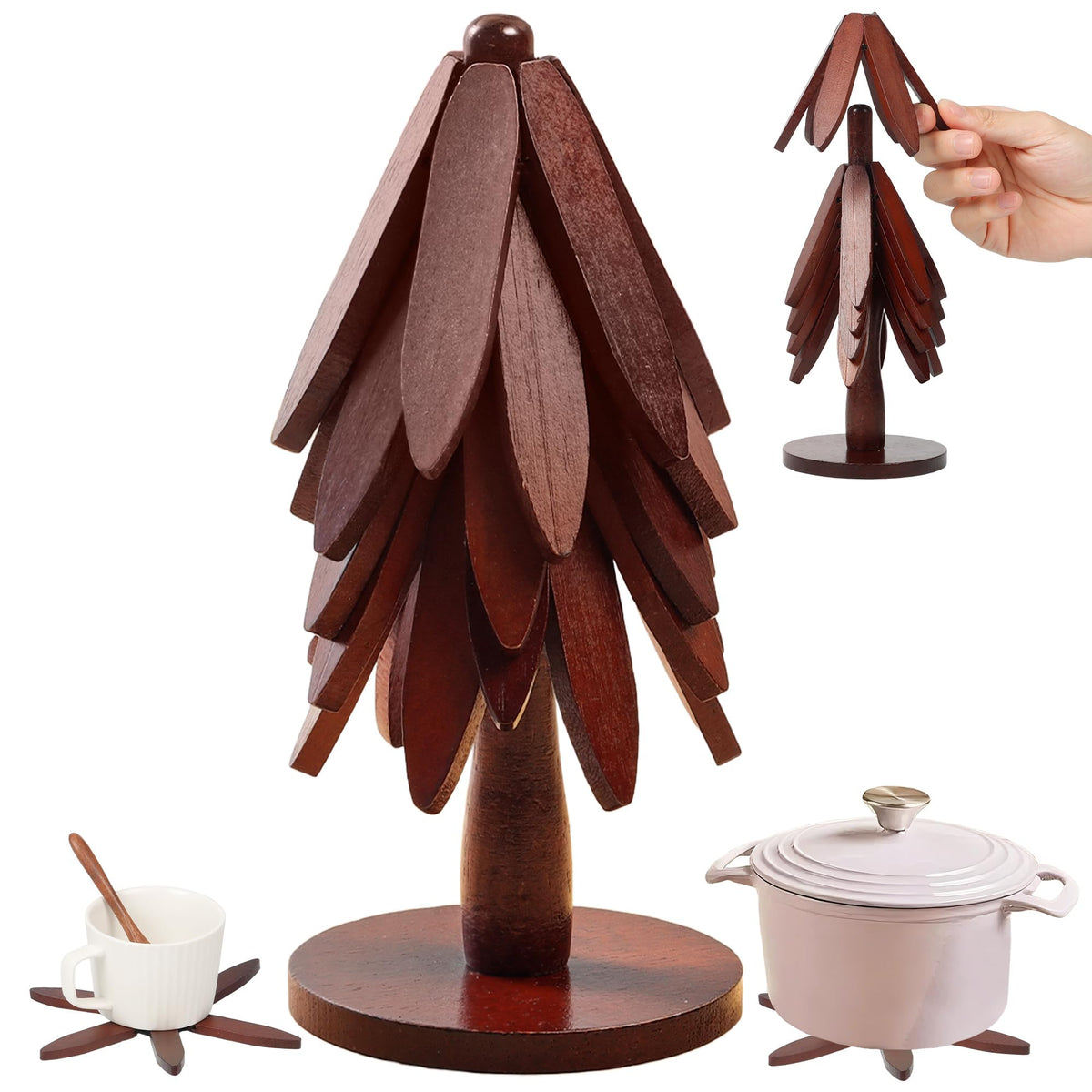 Wooden Tree Trivets for Hot Dishes Set of 5 with Stand Tree Shape Natural Foldable Stackable Wooden Trivets Heat Resistant Decorative Coasters for Pots, Pans, Bowls & Teapots Kitchen Accessories