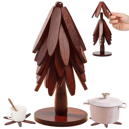 Wooden Tree Trivets for Hot Dishes Set of 5 with Stand Tree Shape Natural Foldable Stackable Wooden Trivets Heat Resistant Decorative Coasters for Pots, Pans, Bowls & Teapots Kitchen Accessories