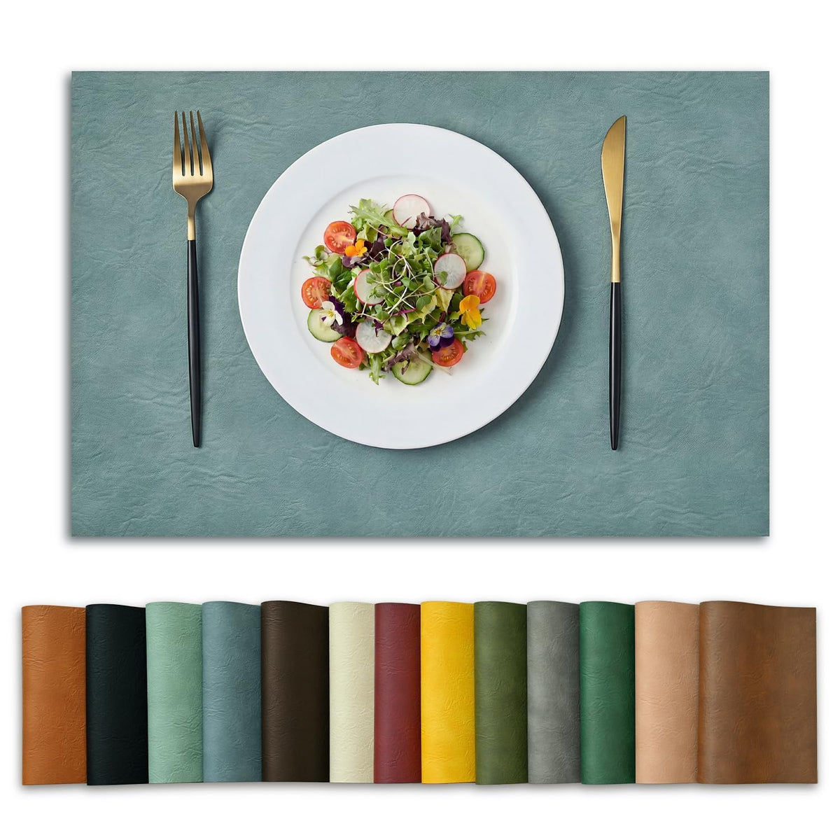 Artoid Mode Olive Green Faux Leather Placemats Set of 6, 15 Inch Waterproof Wipeable Heat Resistant Vinyl Place Mats, Reversible Table Mats for Kitchen Dining Decor