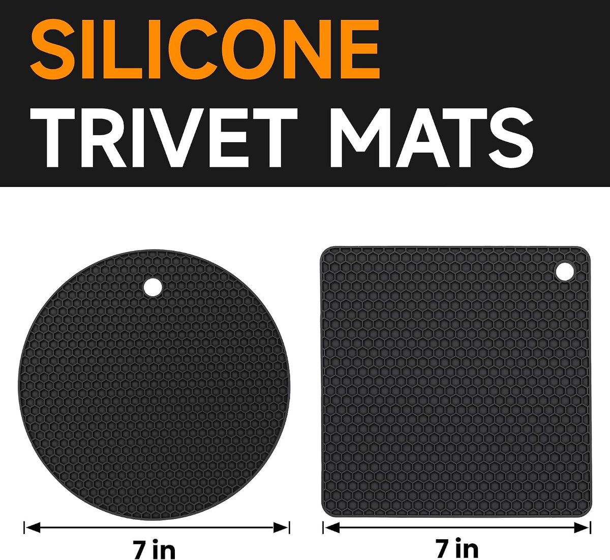 Silicone Trivets for Hot Dishes, Non-Slip Hot Pads for Kitchen Countertop Protector, Heat Resistant Mat for Hot Pots and Pans 4-Pack Food Grade Silicone Black