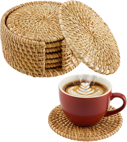 Handwoven Rattan Coasters Set of 6 for Drinks, Boho Wood Cup Coasters with Holder for Coffee Table Decor, Vintage Wicker Coaster for Mugs, Famrhouse & Hostess Gifts