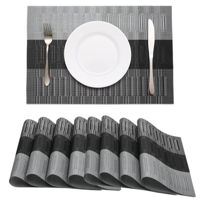 HeloHo Black Placemats Set of 4 Heat-Resistant Washable Place Mats Non-Slip Vinyl Woven Table Mats Wipeable Placemat for Kitchen Dining Table Decoration Indoor Outdoor