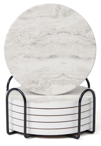 Set of 6 Sage Green Abstract Onyx Marble Coasters with Holder, Absorbent Ceramic Coasters for Drinks, Coasters with Cork Backing for Table Protection, Coffee Table Decor