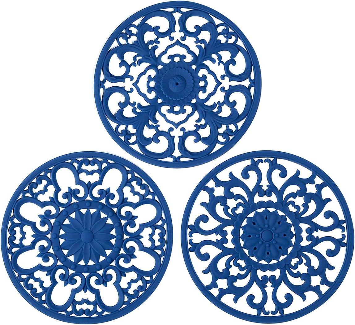 Extra Thick Silicone Trivet Mat for Hot Dishes, Hot Pots and Pans, Pot Holder, Hot Pad to Protect Your Table and Countertop, Kitchen Decor and Accessories,Navy Blue, Set of 3