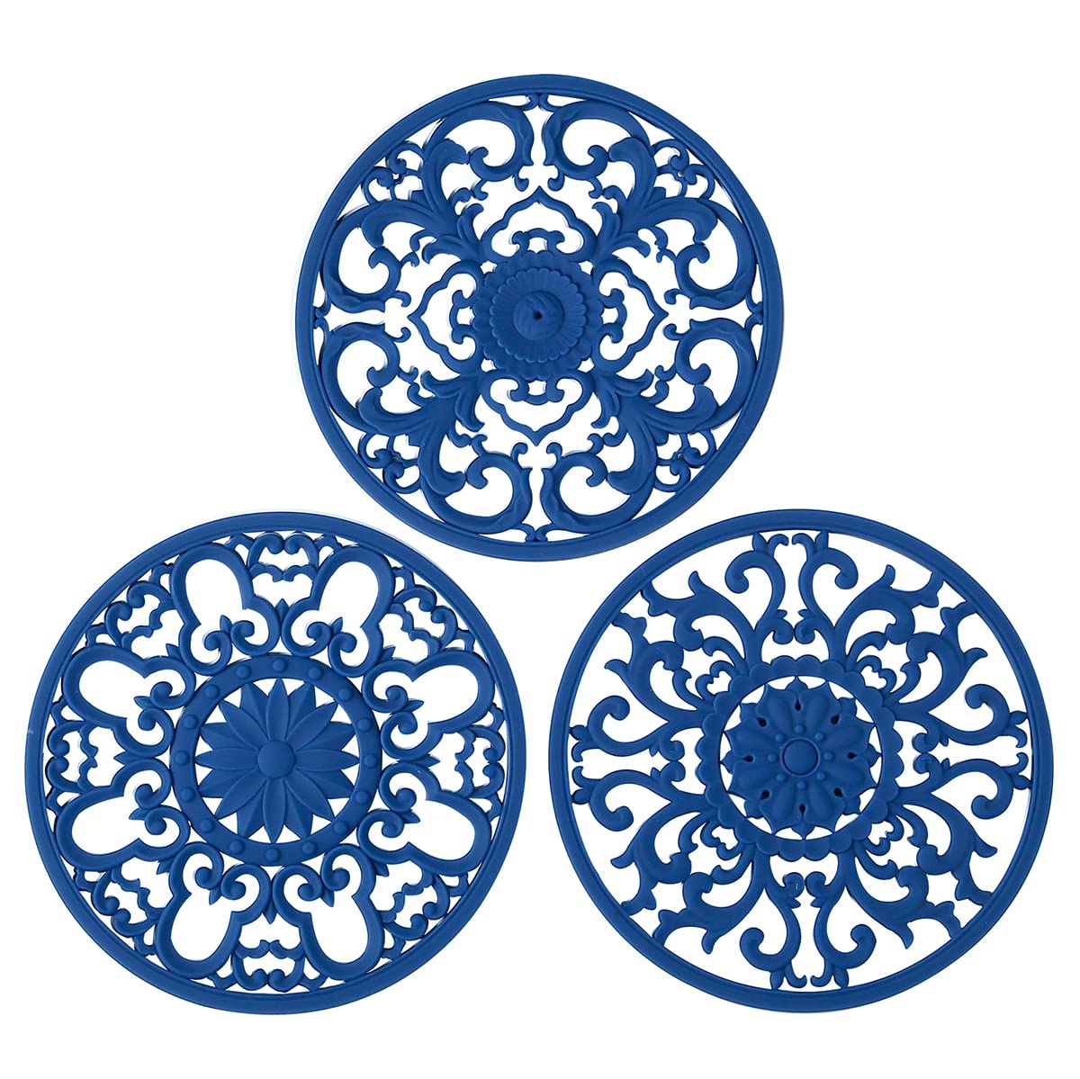 Extra Thick Silicone Trivet Mat for Hot Dishes, Hot Pots and Pans, Pot Holder, Hot Pad to Protect Your Table and Countertop, Kitchen Decor and Accessories,Navy Blue, Set of 3