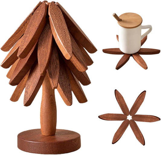 Natural Foldable Black Walnut Wooden Trivet Set - 4 Trivets + 1 Stand for Hot Dishes, Pot, Bowl, Teapot, Hot Pot Holders(Brown)
