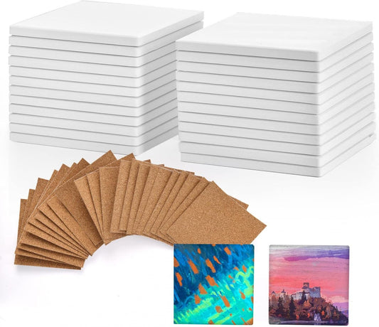 24 Pcs Blank Ceramic Coasters White Ceramic Tiles for Crafts 4x4 in