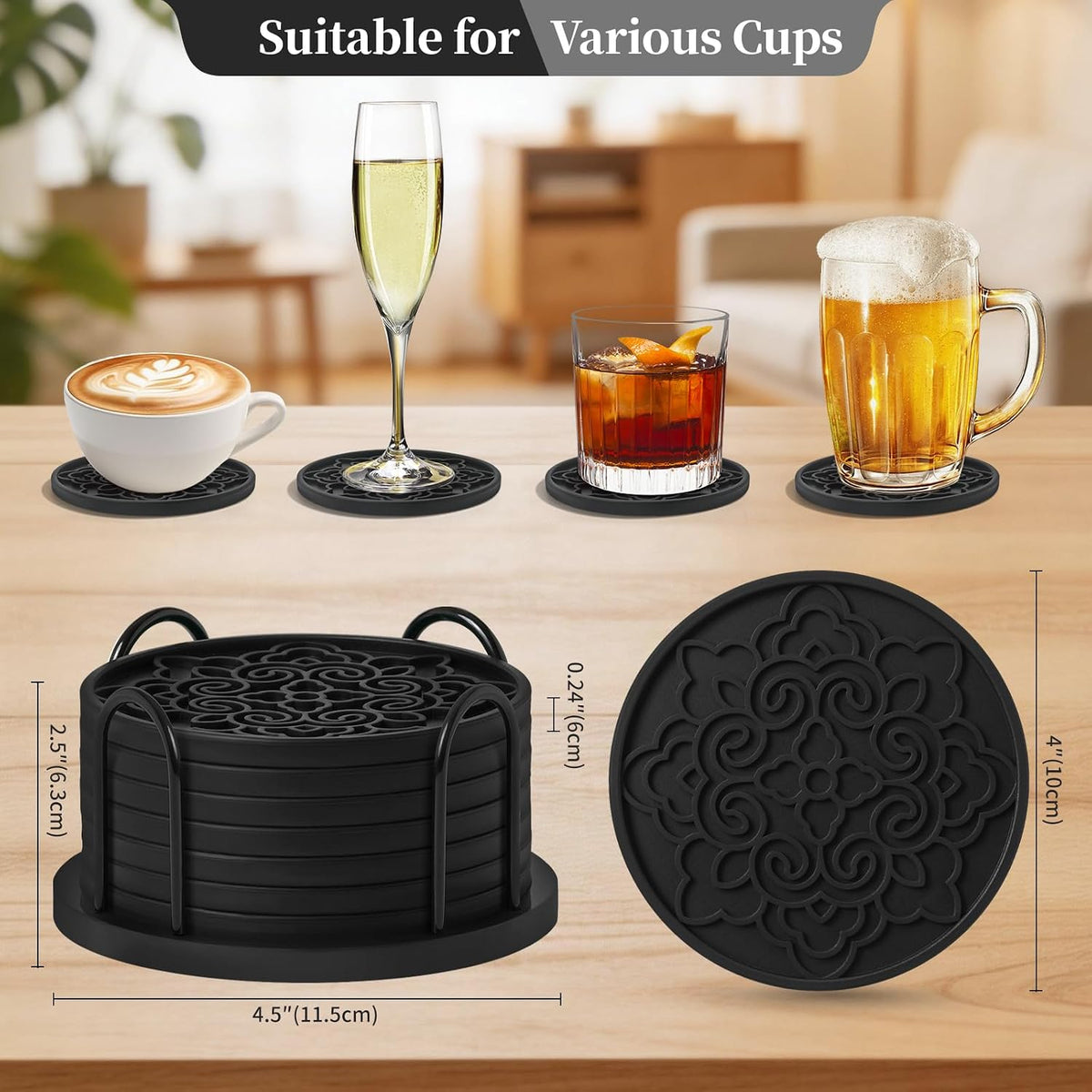 8 Pack 4 Inch Silicone Coasters Set with Holder,Non-Slip, Suitable for Dining Tables, Kitchens, Offices, Bars,Outdoor Camping.Protect Furniture from Water Stains and Heat Damage(8, Black)