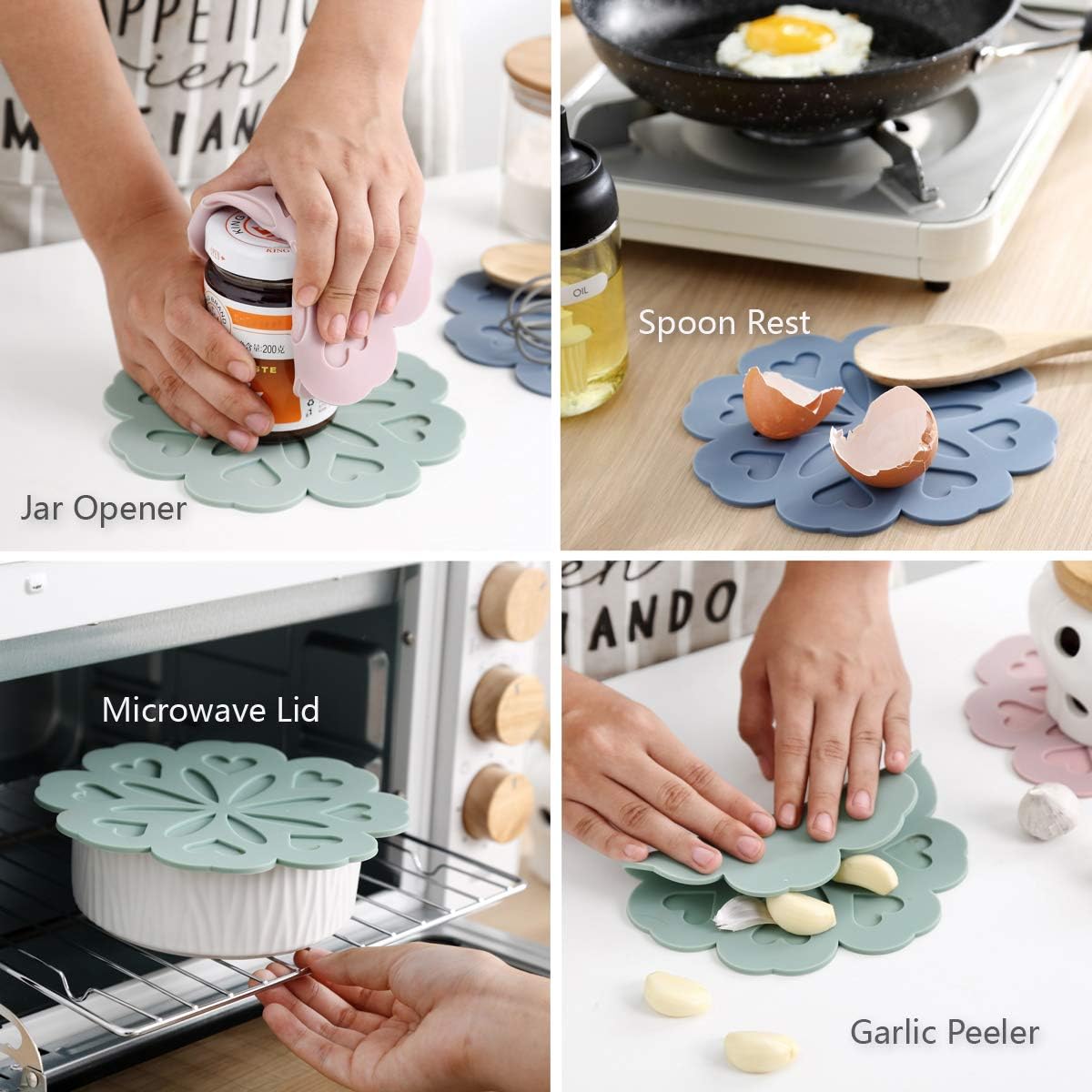 Set of 4 Silicone Trivet Mat - Table & Countertop Hot Pads - Non-Slip & Heat Resistant Modern Kitchen Pads for Pots & Pans, White