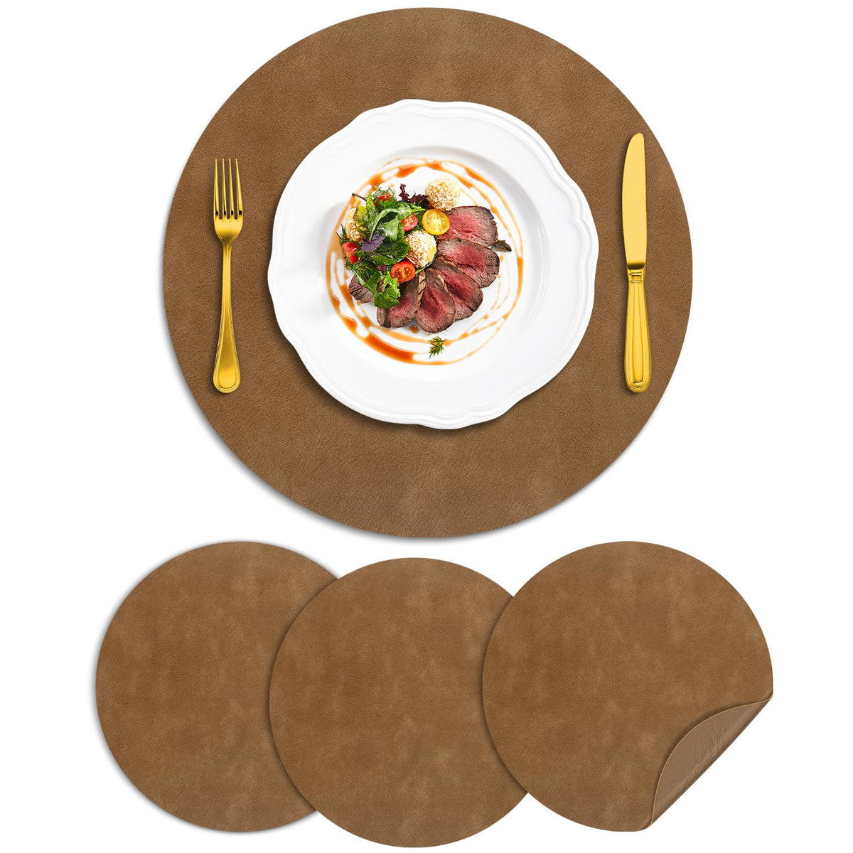 ADRIMER Faux Leather Placemats Set of 6, Heat Resistant 13"x13", Walnut