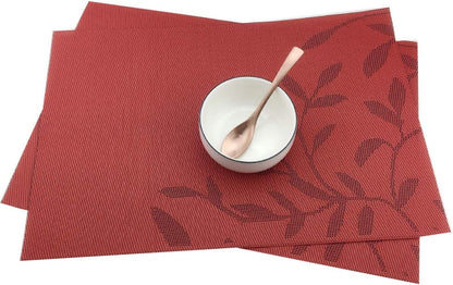 Place Mats PVC Set of 6, Table Placemats Set of 6 PVC Table Mats Natural Color (6 pcs, Red Leaves)