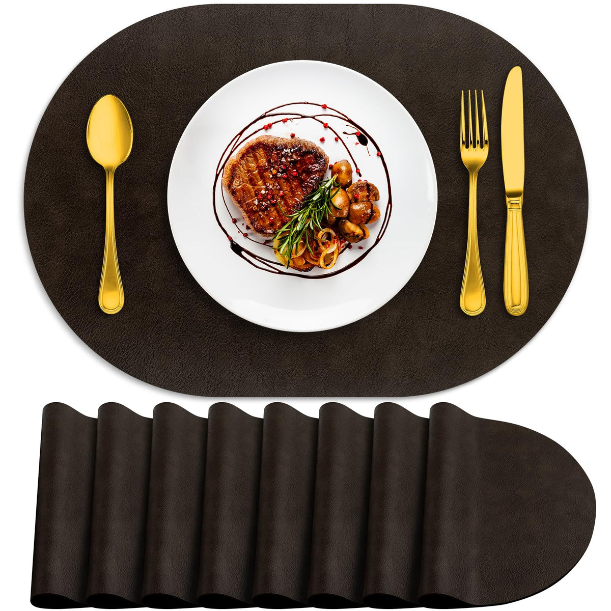 ADRIMER Faux Leather Placemats Set of 6, Heat Resistant 13"x13", Walnut