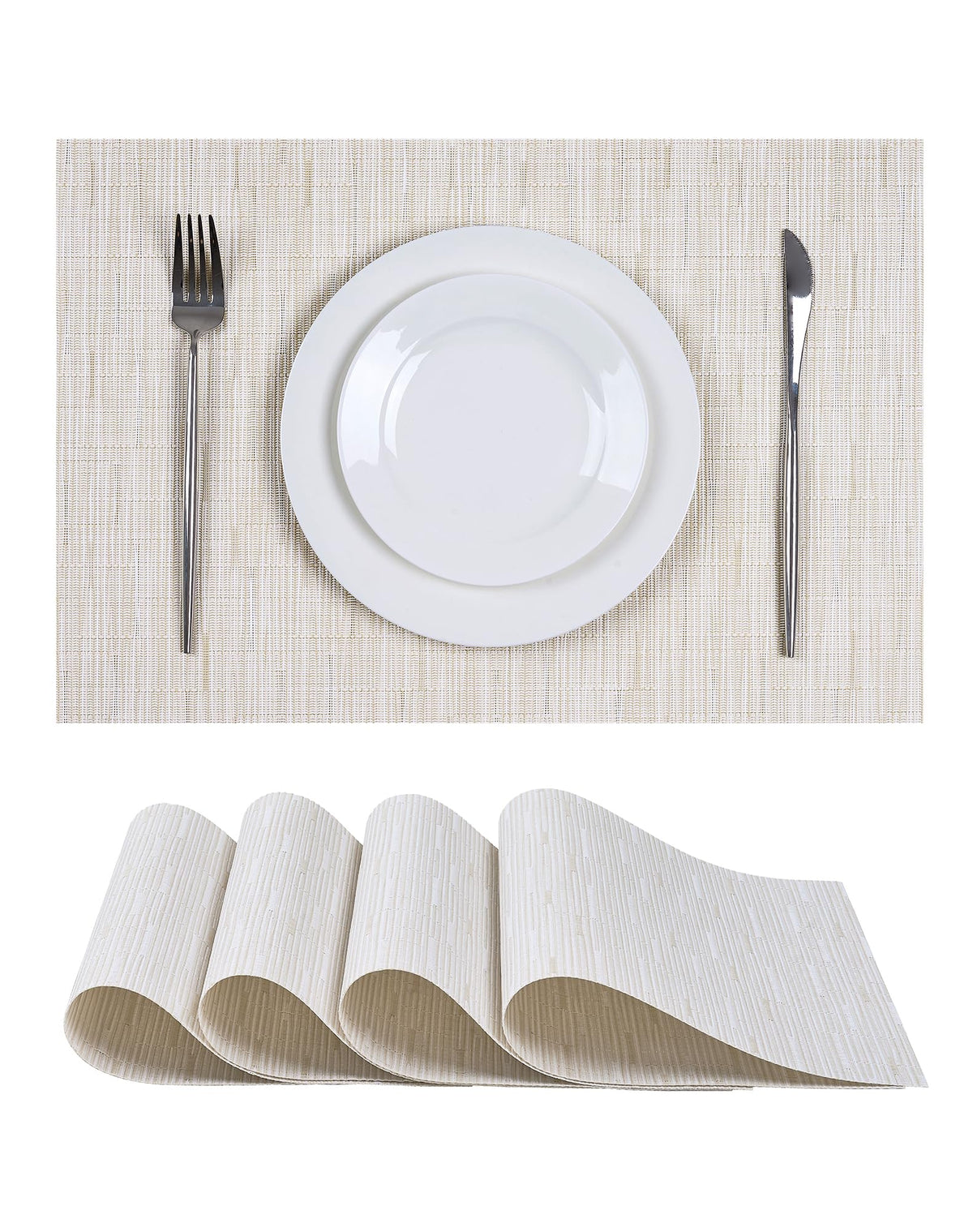 Woven Vinyl Beige Placemats Set of 12, Linen Look & Easy to Clean