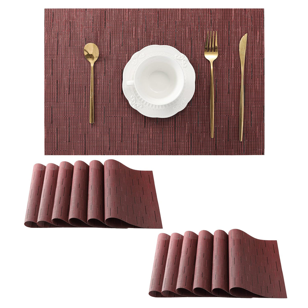 Woven Vinyl Beige Placemats Set of 12, Linen Look & Easy to Clean