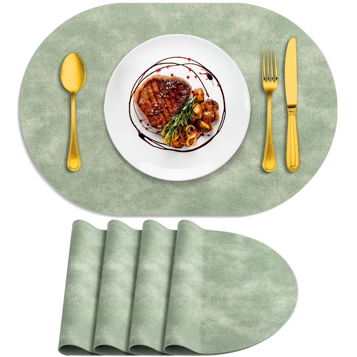 ADRIMER Oval Placemats Set of 4, Wipeable Faux Leather, 4 Colors