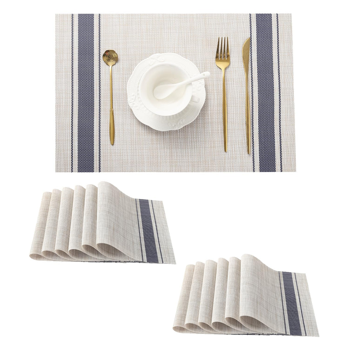 Beige Placemats Set of 6 - Heat-Resistant, Non-Slip Table Mats, Washable Woven Vinyl for Indoor & Outdoor Dining