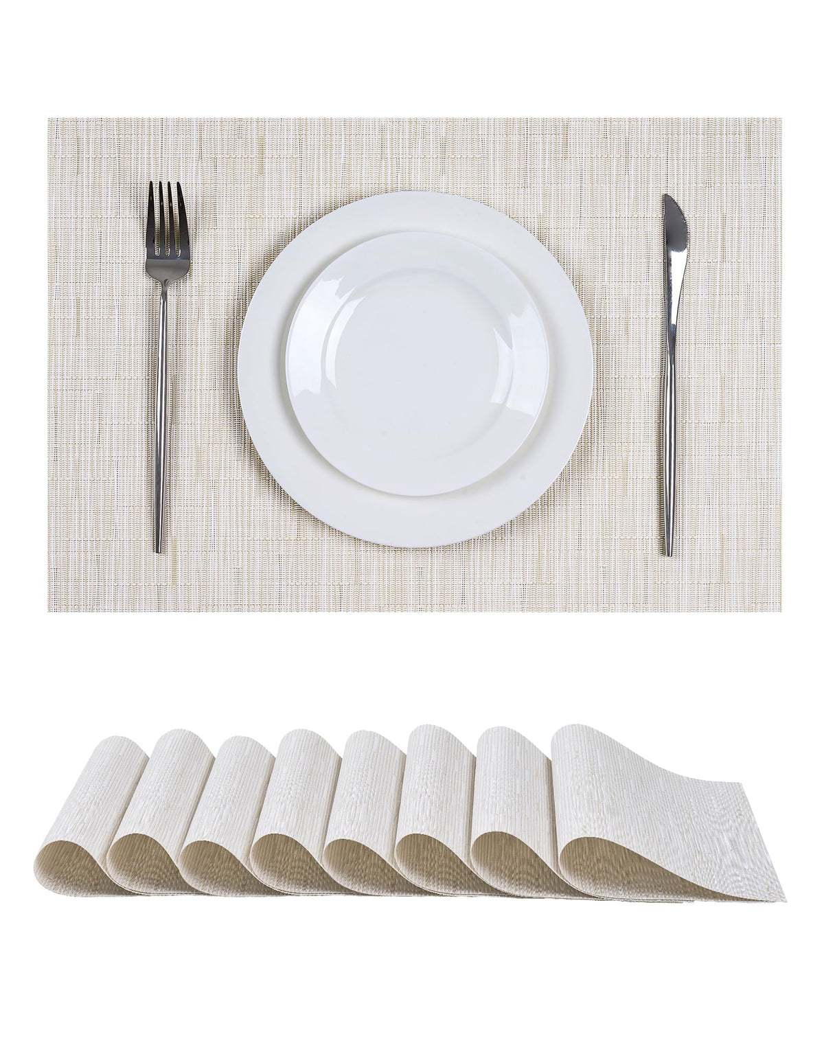 Woven Vinyl Beige Placemats Set of 12, Linen Look & Easy to Clean