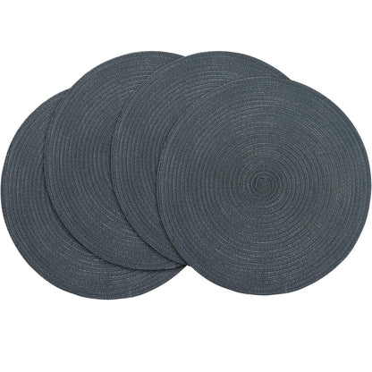 Floroom 15 Inch Round Braided Placemats Set of 4, Washable Heat Resistant Cotton Polyester Circle Place Mats for Kitchen Dining Table - Black