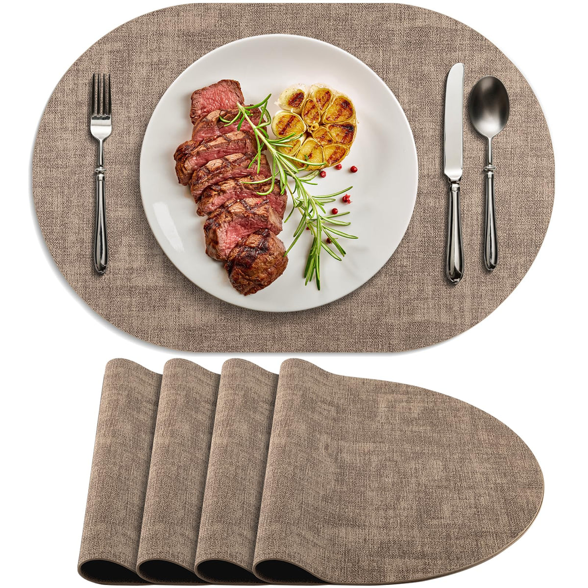 Faux Leather Oval Placemats Set of 6, Beige