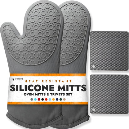 BPA-Free Soft Silicone 4 Piece Oven Mitts & Trivets Set - Ultra Heat Resistant Oven Mitts with Thick Cotton Liner - Long Slip Resistant Pot Holders, Flexible Oven Gloves - Black
