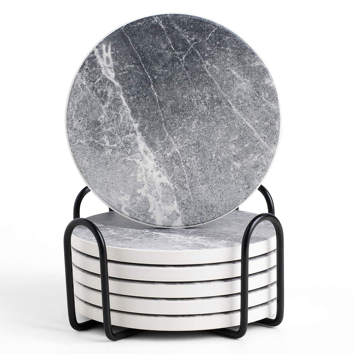 LIFVER Absorbent Coaster Sets of 4, Drink Coasters with Holder, White Marble Style Ceramic Drink Coaster for Tabletop Protection, Suitable for Kinds of Cups and Wooden Table, Cool Home Decor, 4 Inches
