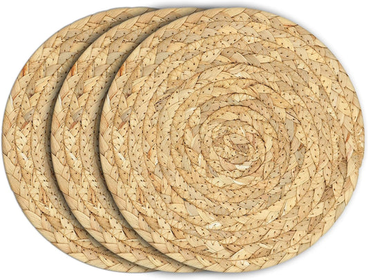 Boho Trivets for Hot Dishes, Pots and Pans, Farmhouse Water Hyacinth Hot Pads 8 Inch, Straw Pot Holders for Kitchen, Rustic Braided Heat Resistant Mat, Jute Coasters Set Wicker Decor (Natural 3 Pcs)