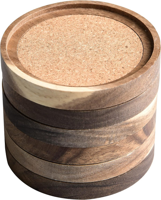 Acacia Wood Coasters for Drinks, 4.13 Inch, Set of 6, Absorbent and Insulation Cork Stackable Cup Holders, Rustic Coasters for Wooden Table, Designed by S1EGAN