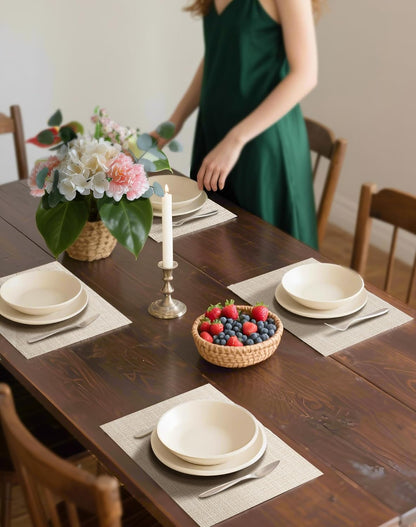 Woven Vinyl Beige Placemats Set of 12, Linen Look & Easy to Clean