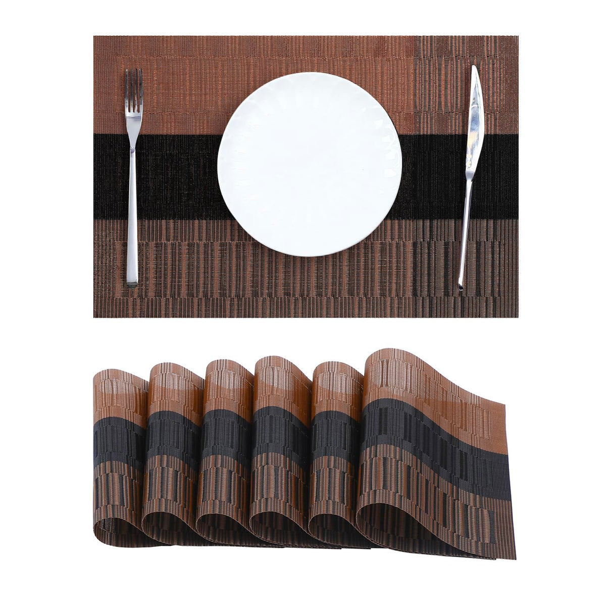 Beige Placemats Set of 6 - Heat-Resistant, Non-Slip Table Mats, Washable Woven Vinyl for Indoor & Outdoor Dining