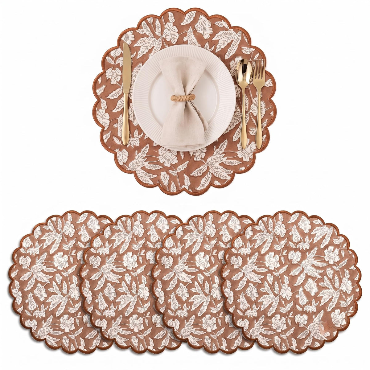 Ridhi Floral Block Print Round Placemats 15 Inch, Set of 4, Assorted Design
