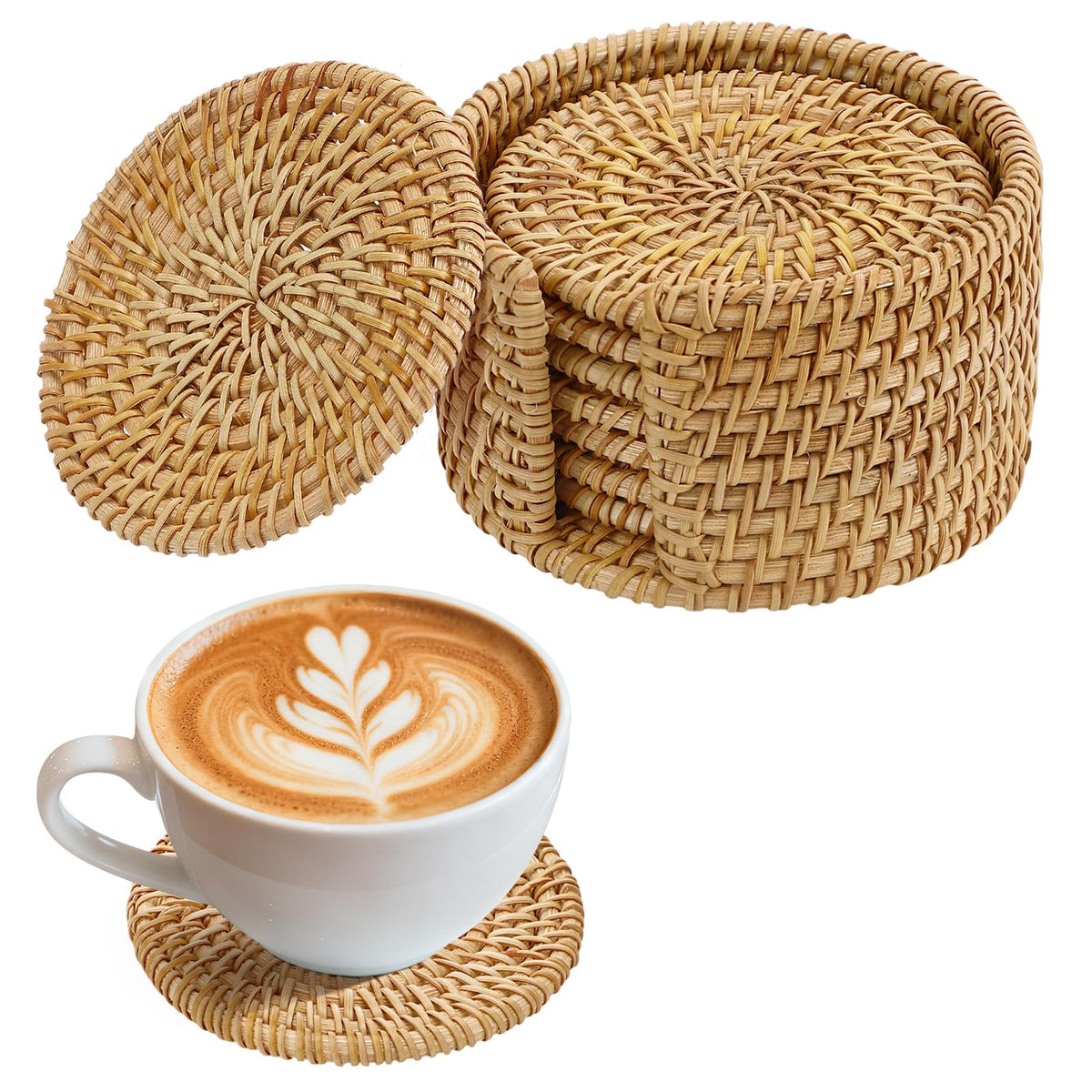 Handmade Nature Rattan Coasters Set of 6 with Holder, Fall Home Table Decor