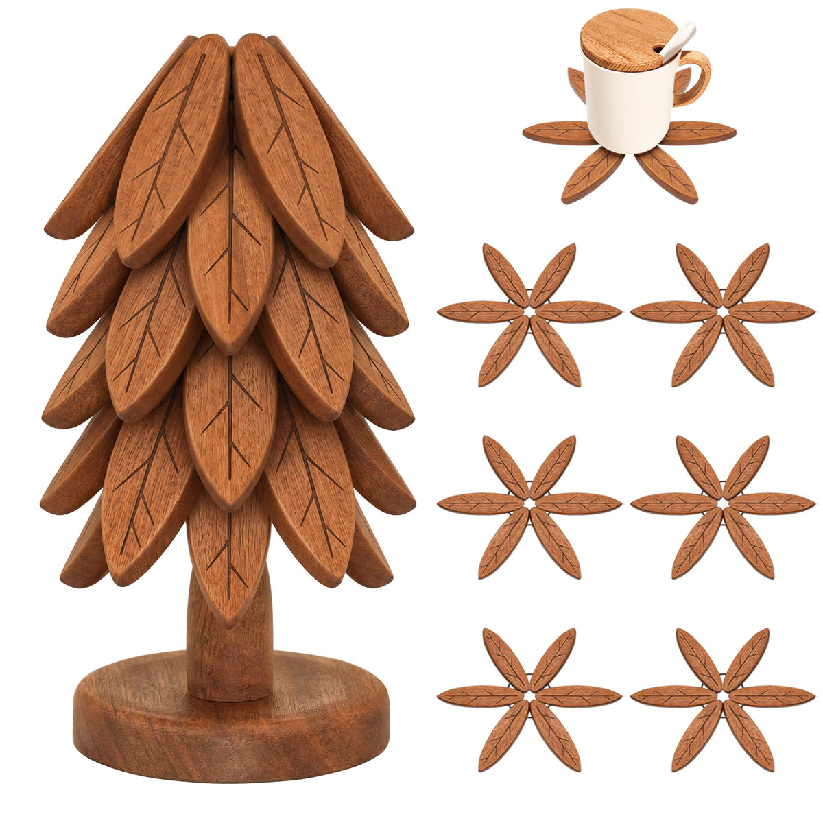 Wooden Trivets for Hot Dishes, Wooden Tree Trivet Set, Tree Coasters - of 5 + 1 Stand stored, Suited for Hots, Pans, Bowl, Teapot, Hot Holders - Multifunctional Ornaments