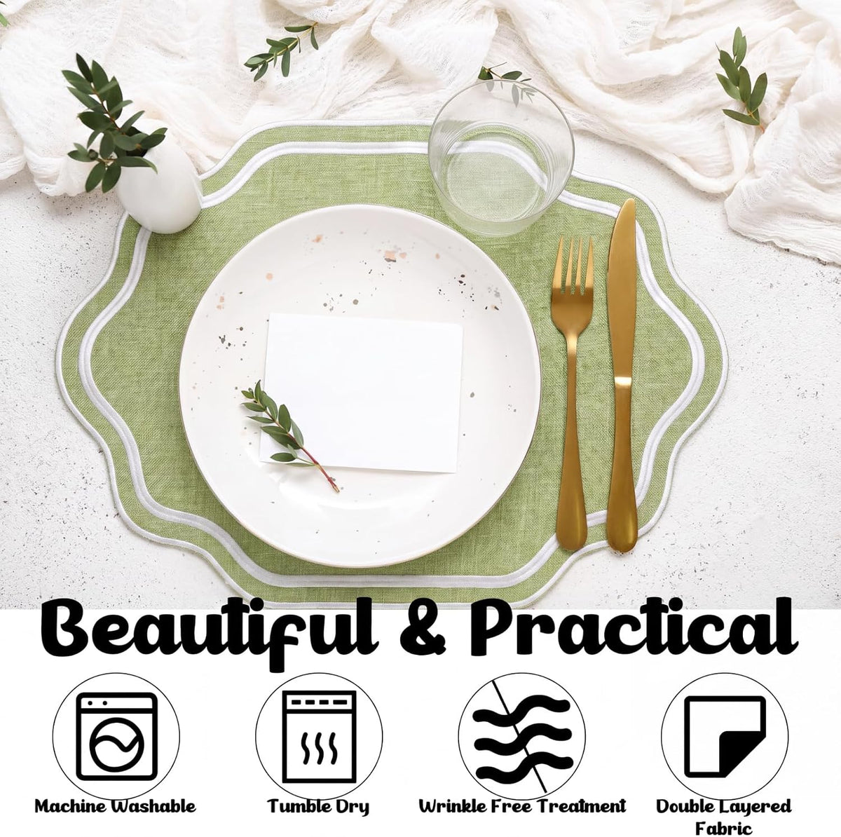 Breling 6 Pcs Cotton Placemats Cotton, Scalloped Edge Sage Green