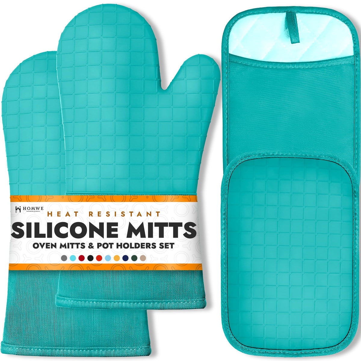 BPA-Free Soft Silicone 4 Piece Oven Mitts & Trivets Set - Ultra Heat Resistant Oven Mitts with Thick Cotton Liner - Long Slip Resistant Pot Holders, Flexible Oven Gloves - Black