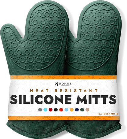 BPA-Free Soft Silicone 4 Piece Oven Mitts & Trivets Set - Ultra Heat Resistant Oven Mitts with Thick Cotton Liner - Long Slip Resistant Pot Holders, Flexible Oven Gloves - Black