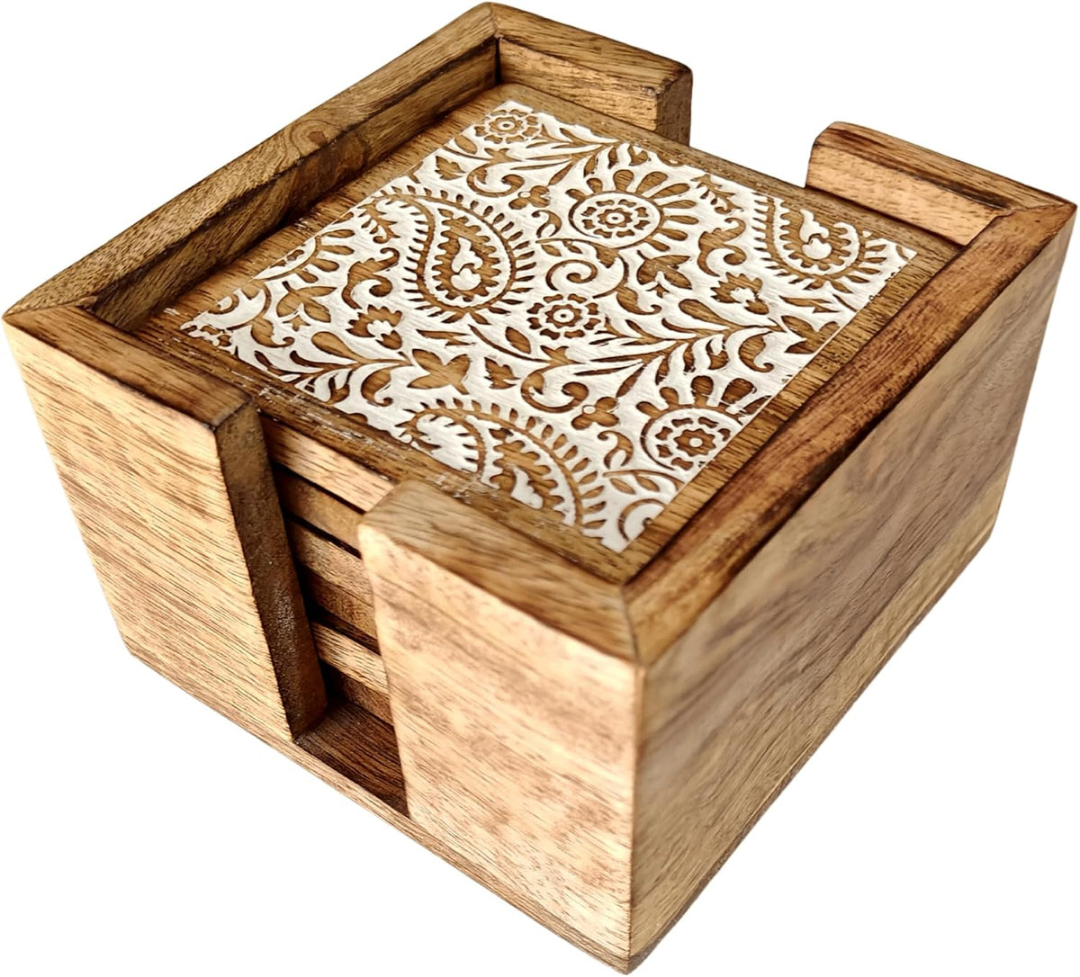 VANIYA CRAFTS® Handmade Round Wooden Coasters for Drinks with Holder for Coffee Table, Hot Drinks, Beverages, Housewarming Gift (Natural White Finish)