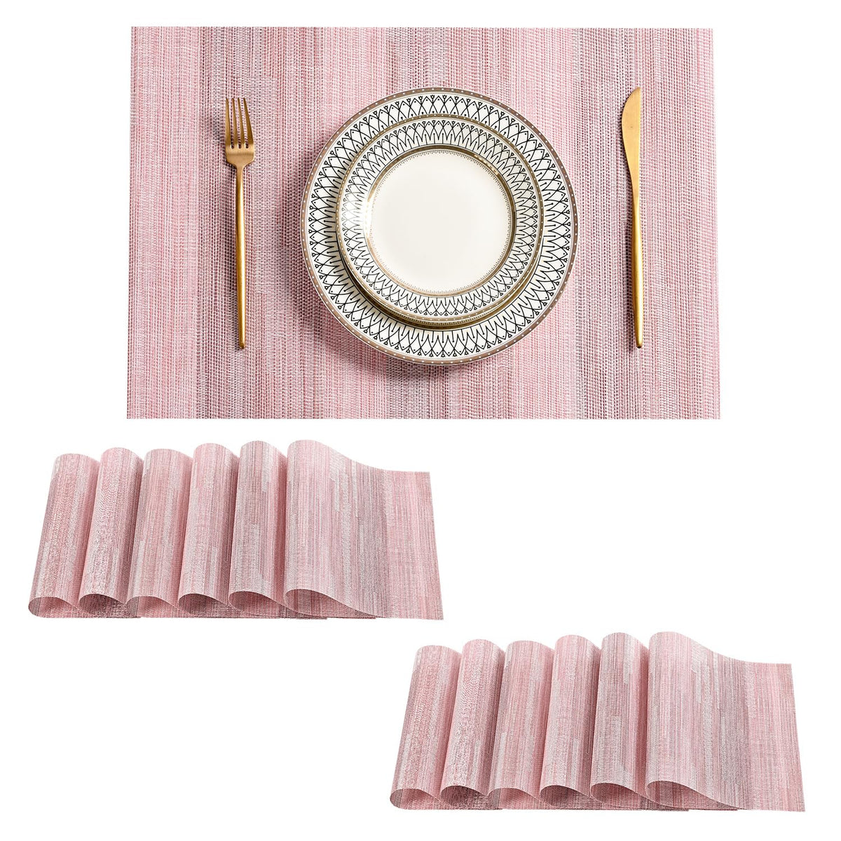 Woven Vinyl Beige Placemats Set of 12, Linen Look & Easy to Clean
