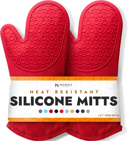 BPA-Free Soft Silicone 4 Piece Oven Mitts & Trivets Set - Ultra Heat Resistant Oven Mitts with Thick Cotton Liner - Long Slip Resistant Pot Holders, Flexible Oven Gloves - Black