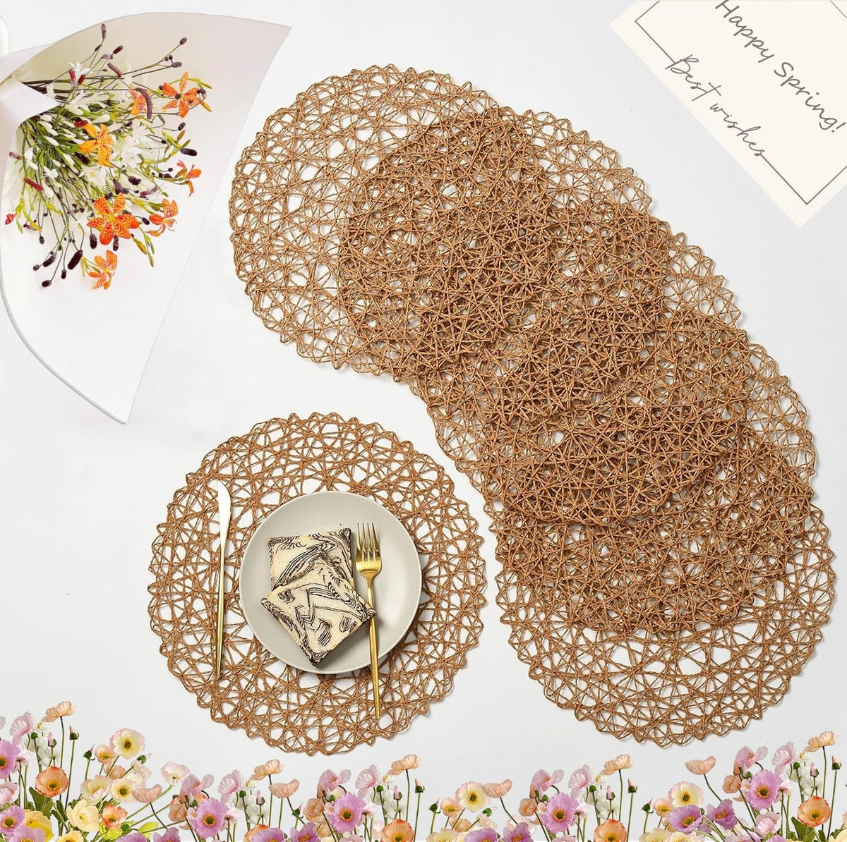 IcosaMro Brown Round Placemats Set of 12 for Dining Table, 13 Inches Paper Woven Boho Small Decorative Circle Place Mat for Wedding Christmas Thanksgiving Day Holiday Dinner, Light Coffee Brown