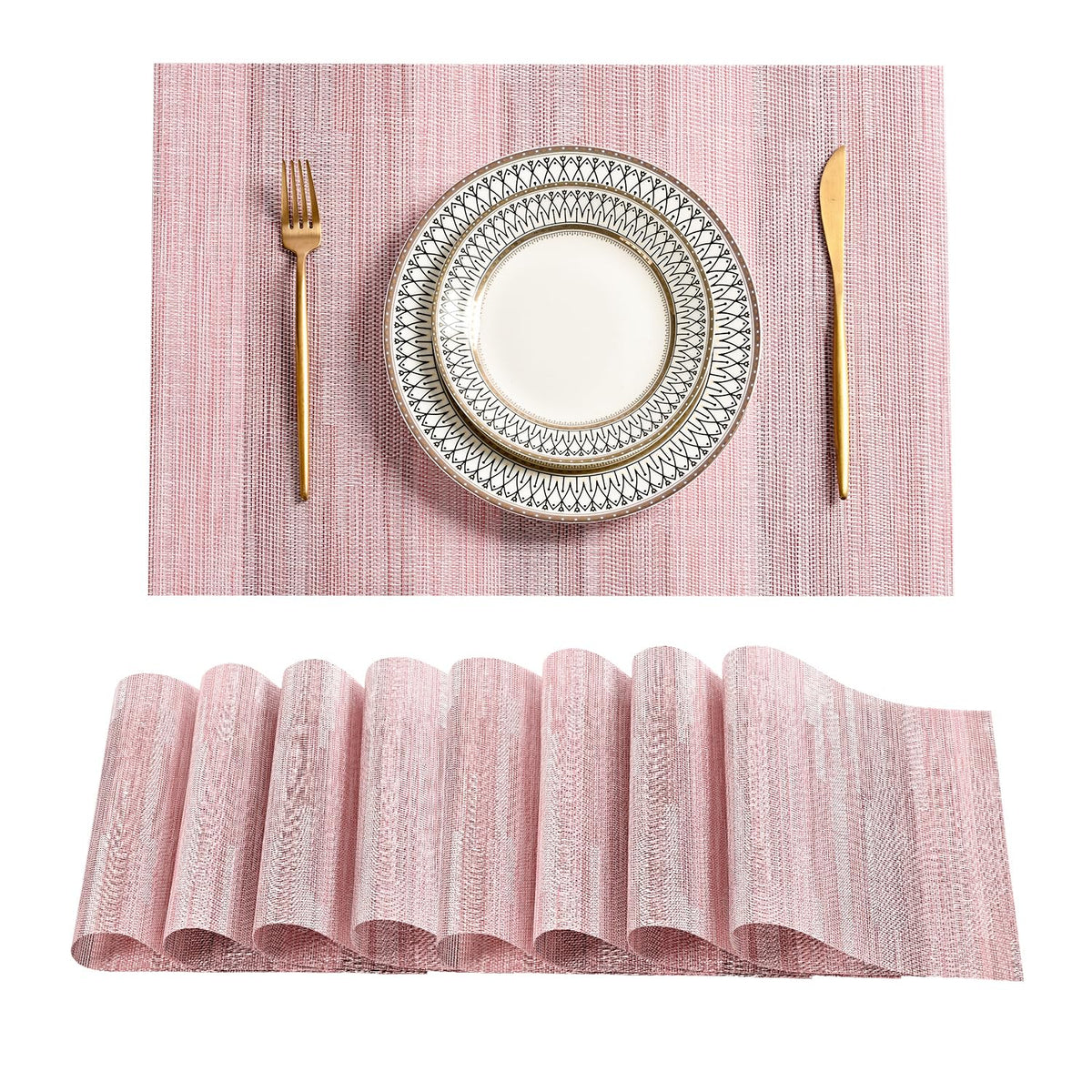 Beige Placemats Set of 8 - Heat-Resistant, Non-Slip Table Mats, Washable Woven Vinyl for Indoor & Outdoor Dining