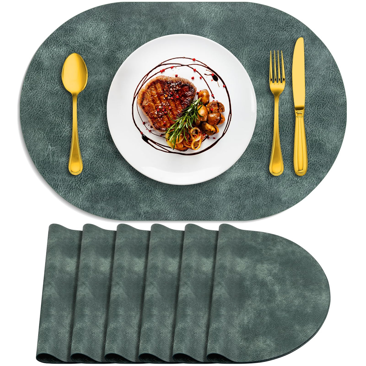 ADRIMER Oval Placemats Set of 4, Wipeable Faux Leather, 4 Colors