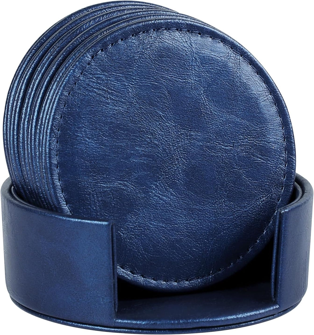 Leather Coasters Set of 6 with Holder, Tabletop Protection, Coffee Table & Bar Decoration, Modern-Style Drink Coasters Suitable for Home Dining Tables & Kitchen Accessories (Blue)