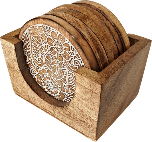 VANIYA CRAFTS® Handmade Round Wooden Coasters for Drinks with Holder for Coffee Table, Hot Drinks, Beverages, Housewarming Gift (Natural White Finish)