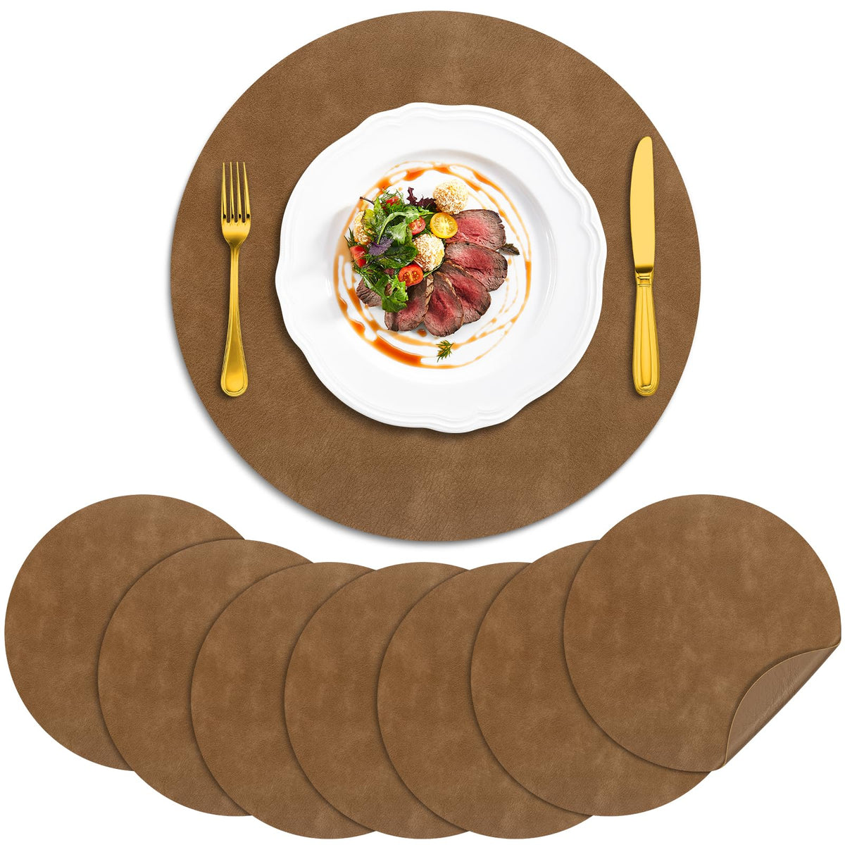 ADRIMER Faux Leather Placemats Set of 6, Heat Resistant 13"x13", Walnut