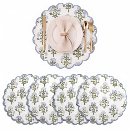 Ridhi Floral Block Print Round Placemats 15 Inch, Set of 4, Assorted Design