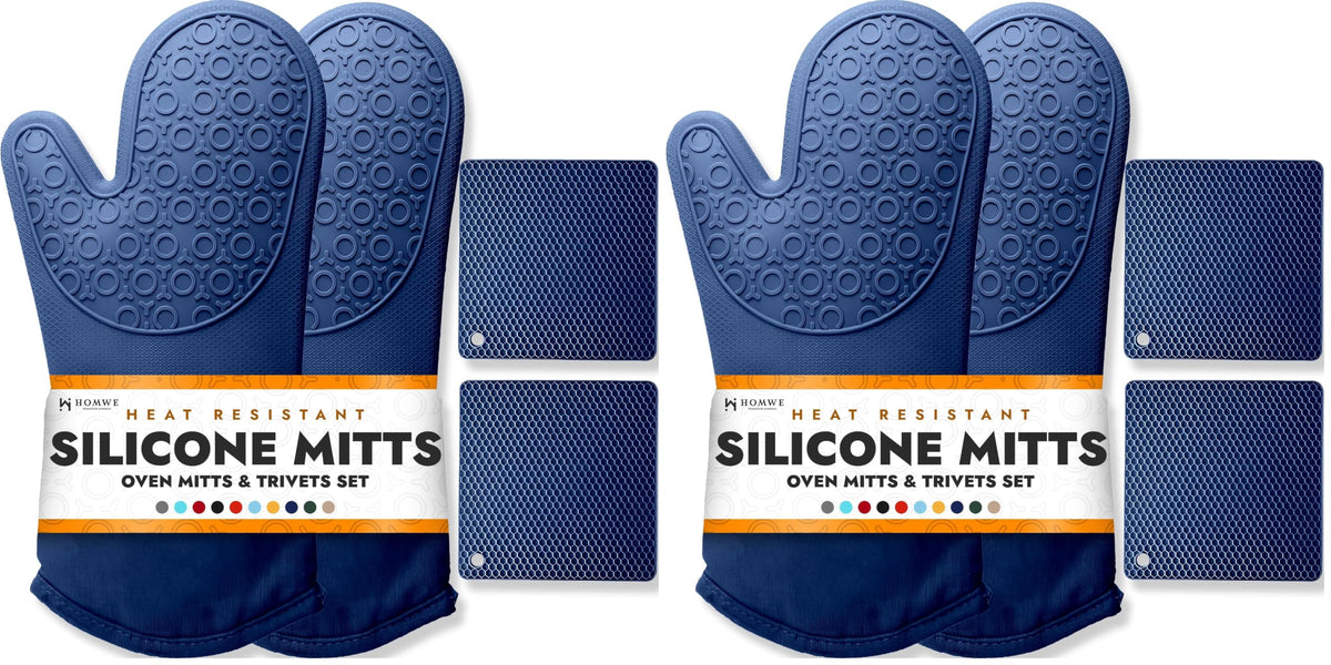BPA-Free Soft Silicone 4 Piece Oven Mitts & Trivets Set - Ultra Heat Resistant Oven Mitts with Thick Cotton Liner - Long Slip Resistant Pot Holders, Flexible Oven Gloves - Black